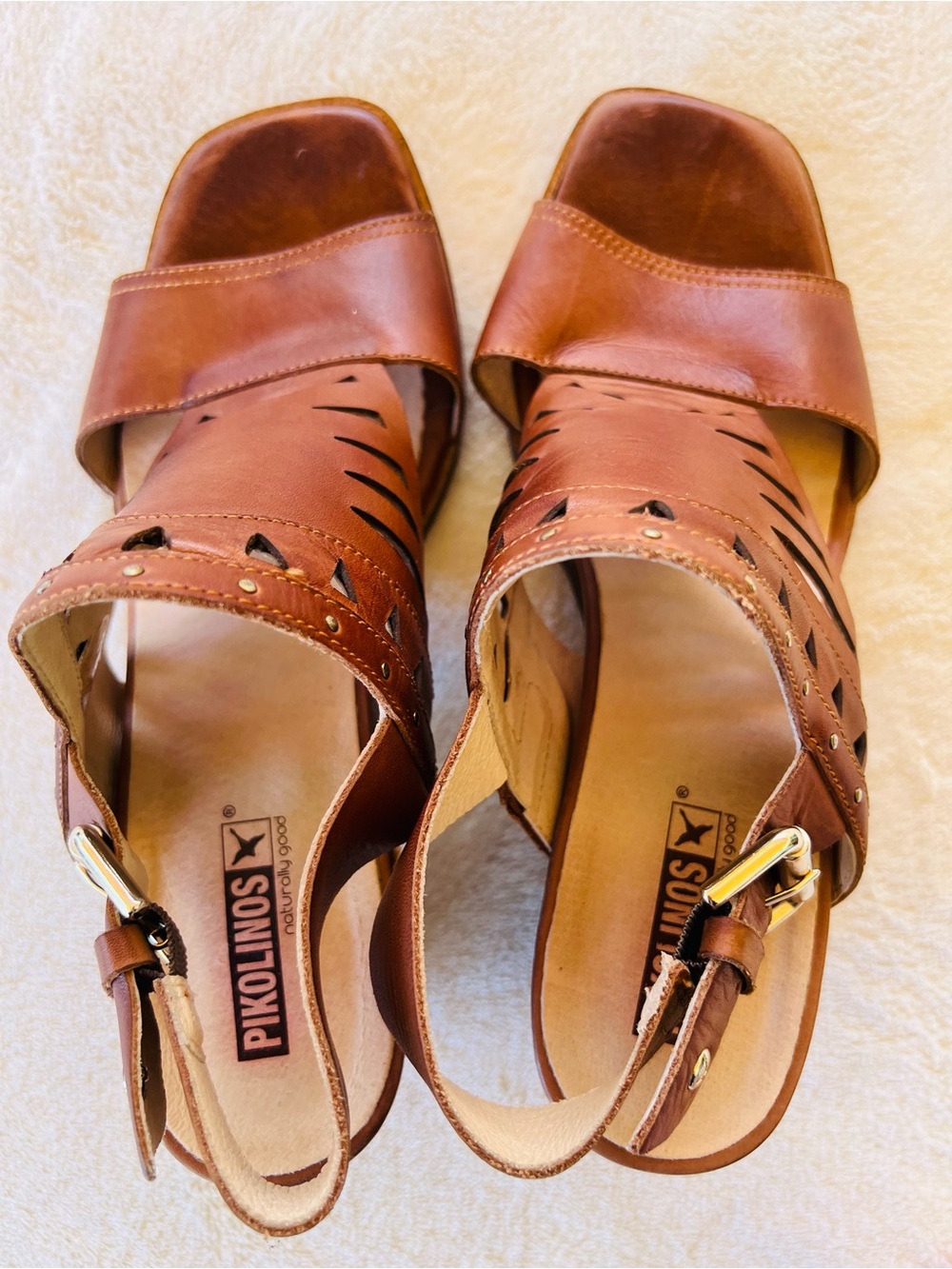 Pikolinos Brown Leather Slingback Heeled Sandals Geometric Cutouts Size 8 - Picture 6 of 9
